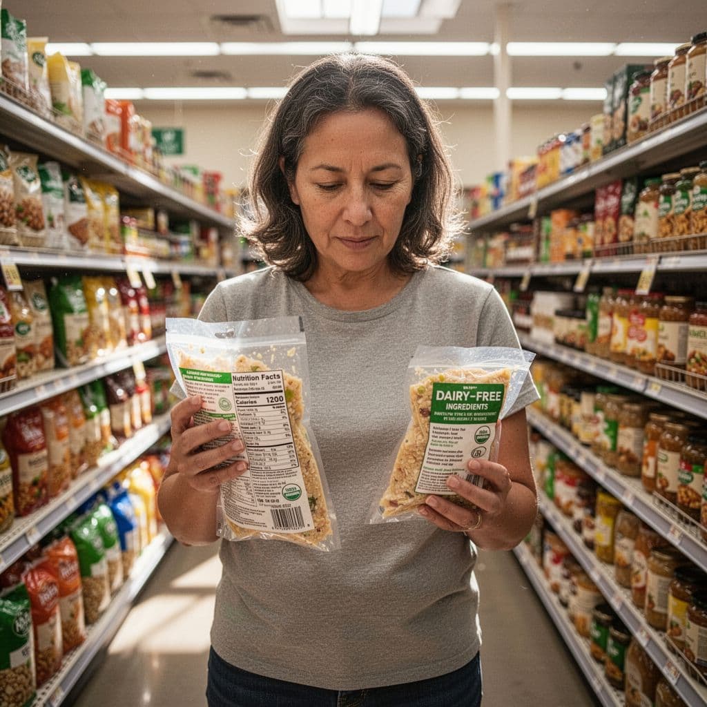 A parent stands in a bright grocery aisle holding a food box and reading its ingredients label.