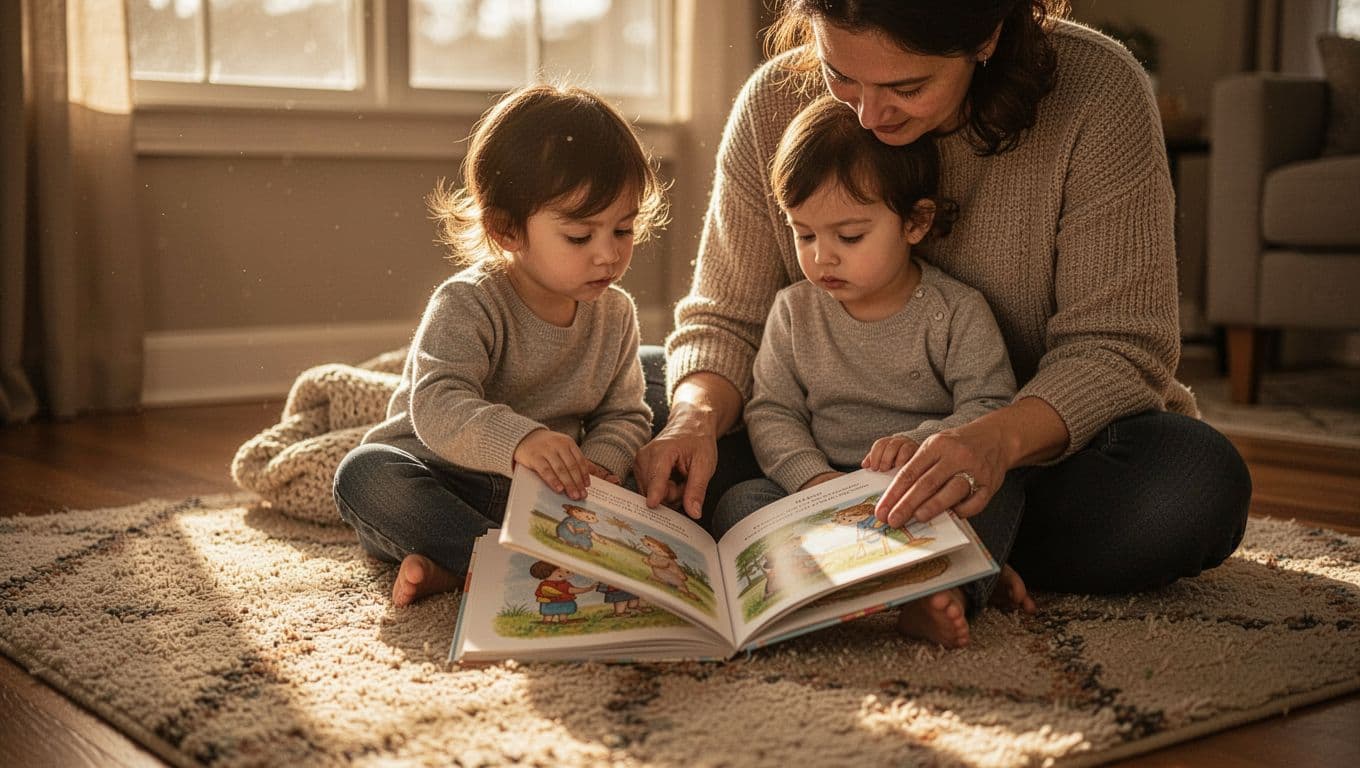 A parent sits on a plush rug, holding an open picture book while reading to a young toddler. Warm afternoon sun beams through the window, illuminating their cozy, intimate reading corner.
