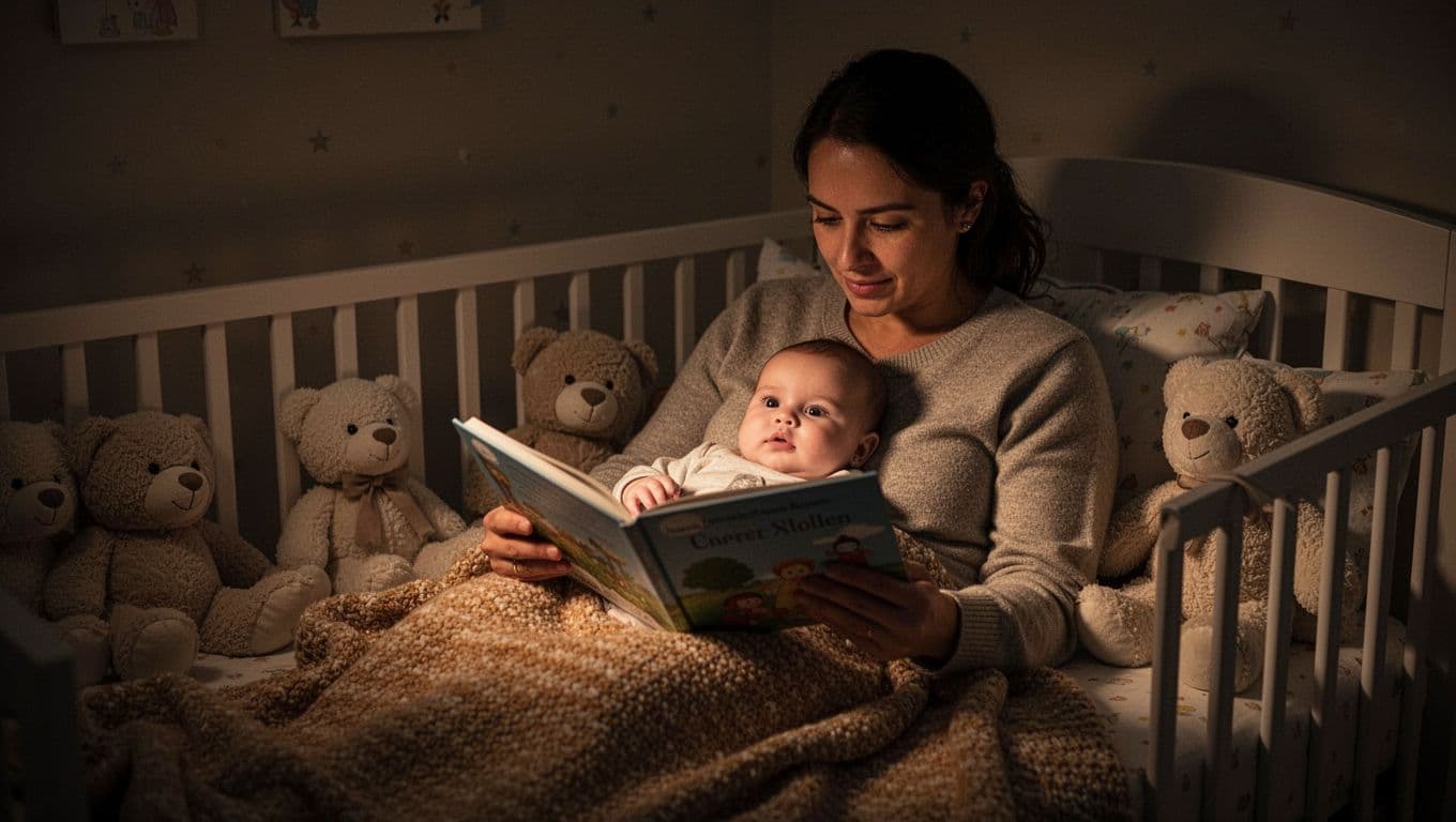 A caregiver holds a young infant on their lap while reading a storybook in a quiet, softly lit nursery. Warm golden light highlights their peaceful expressions amidst the darkened room.