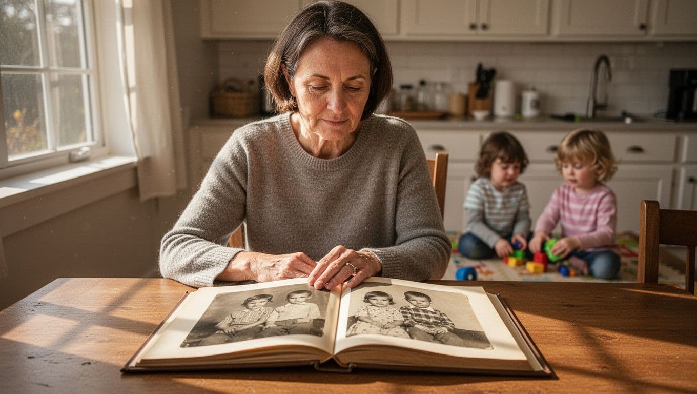 Parent sits at kitchen table in morning light, gazing at open photo album of childhood siblings, two children playing nearby.