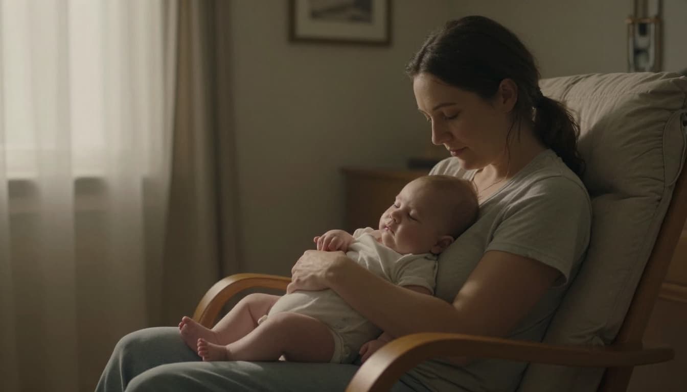 Parent sits in rocking chair holding calm baby in softly lit cozy room.
