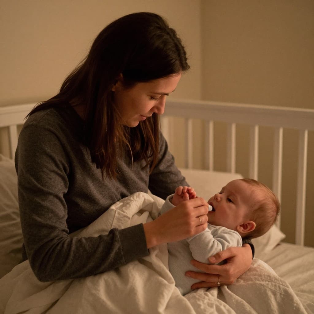 A parent gently rocks their infant in a dimly lit, cozy nursery.