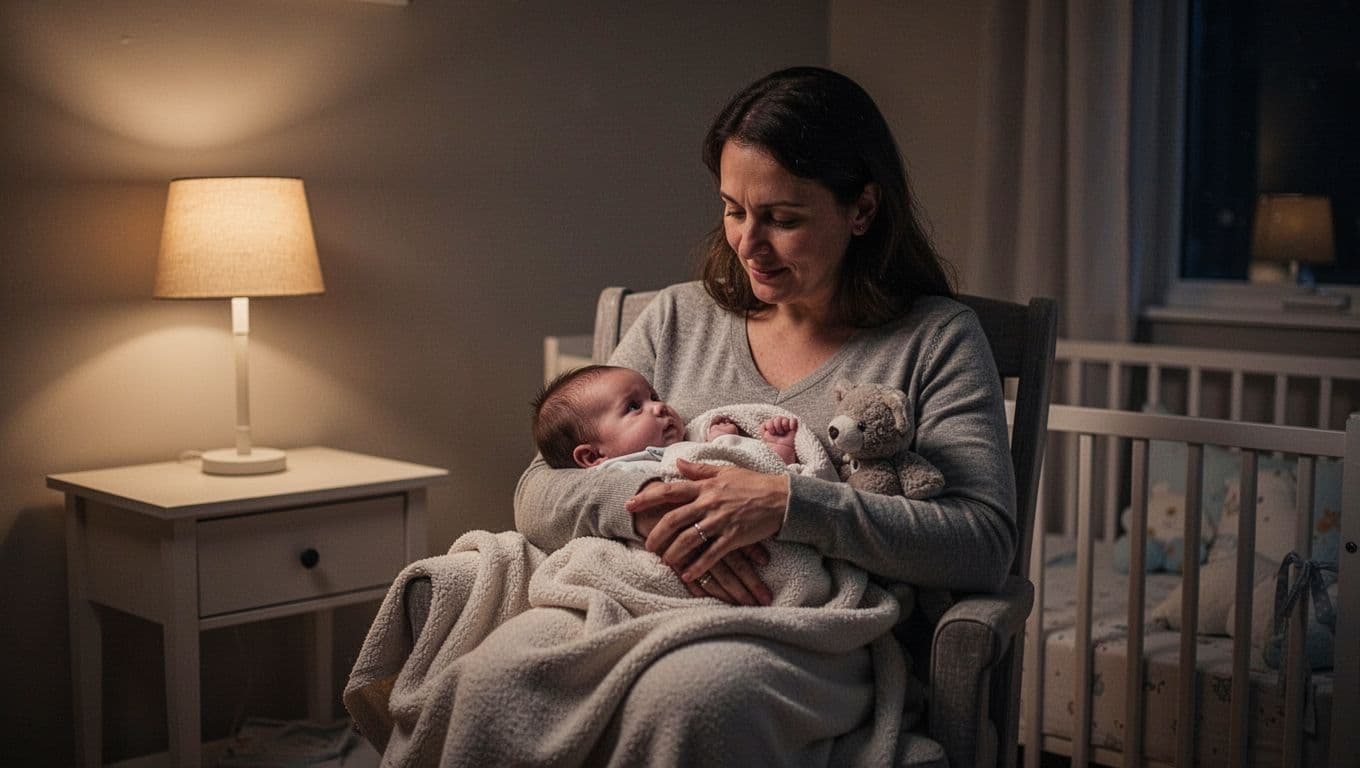 A parent sits in a comfortable chair cradling a sleeping baby inside a dimly lit nursery. A warm glow from a bedside lamp highlights their embrace while creating soft, comforting shadows.