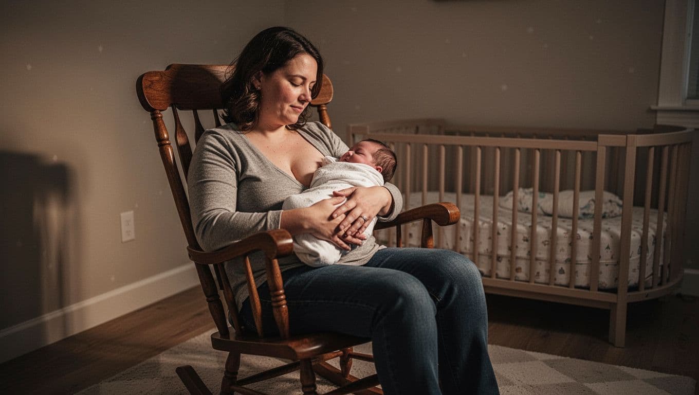 Parent sits in rocking chair in dimly lit nursery holding swaddled newborn skin-to-skin on bare chest.