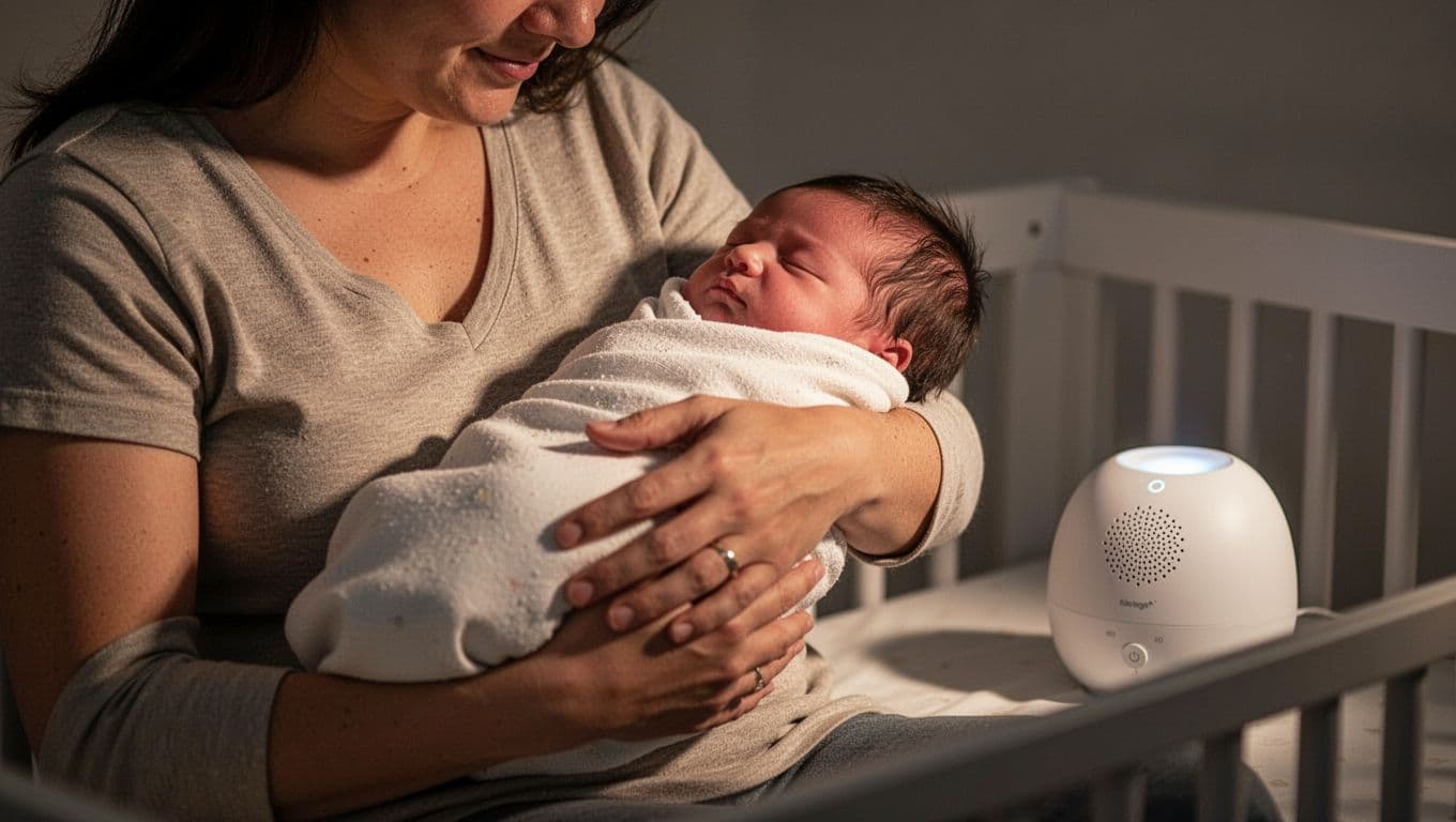 Parent rocks swaddled newborn in arms in dim nursery with white noise machine nearby.