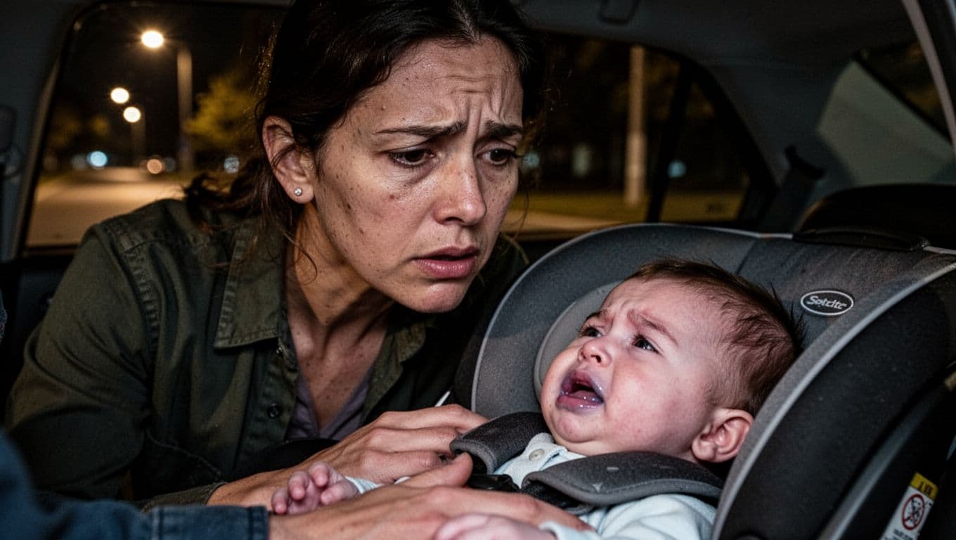 Parent carries car seat with baby showing blue lips and chest retractions to car at night.