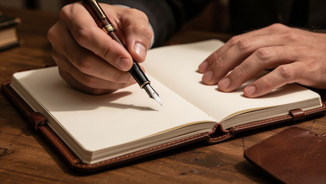 A person grips a dark fountain pen, hovering over a blank leather-bound journal to record potential names. Warm, soft golden light illuminates the textured paper and the person's resting hands.