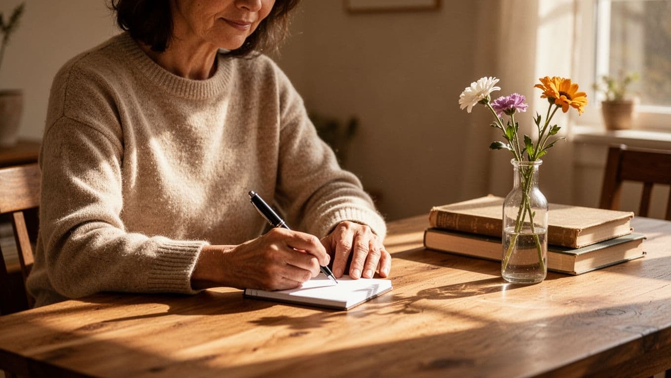 A focused parent sits at a rustic wooden table illuminated by soft sunlight. A notepad with a handwritten list rests under their pen, surrounded by stacked books and a fresh floral arrangement.