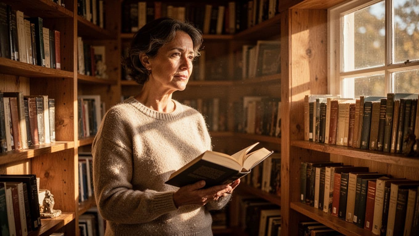 A parent stands amidst floor-to-ceiling bookshelves in a sunlit room while holding an open book. Dramatic golden light illuminates their contemplative face, highlighting a quiet moment of personal study at home.