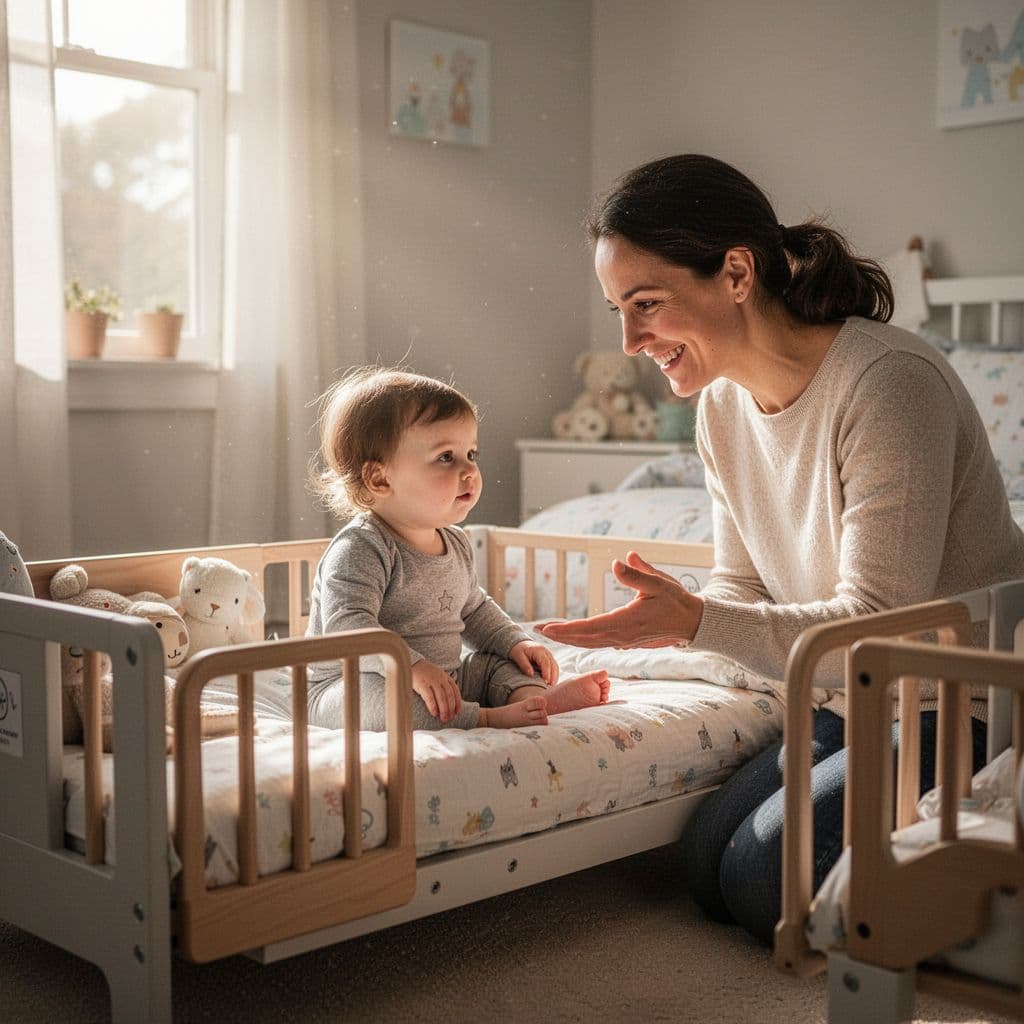 Parent smiles warmly at toddler sitting up in cozy bed on sunny morning.