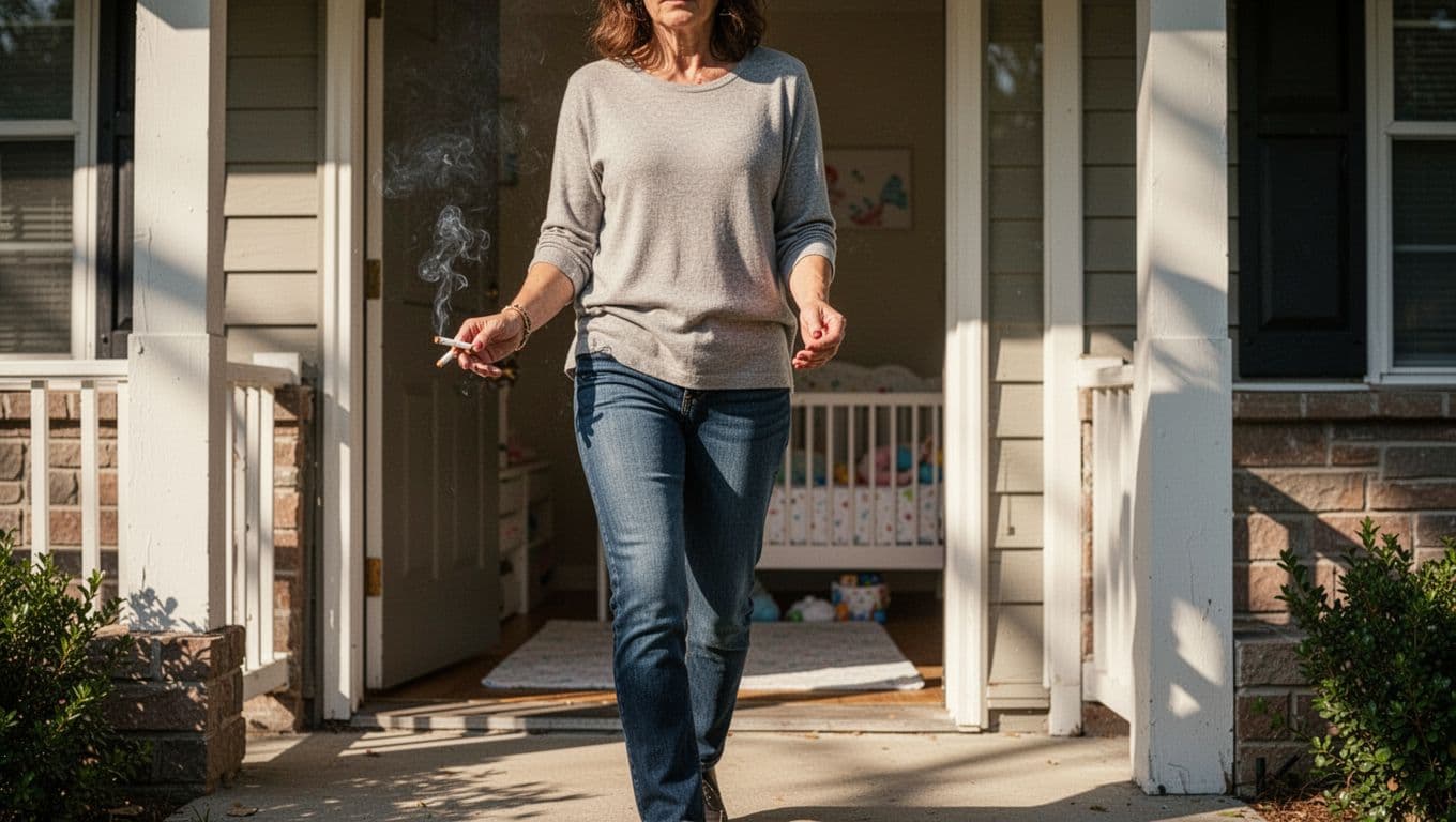 A silhouette of a parent standing on a wooden porch during the day, holding a lit cigarette while stepping away from the house to maintain a healthy distance from their infant.