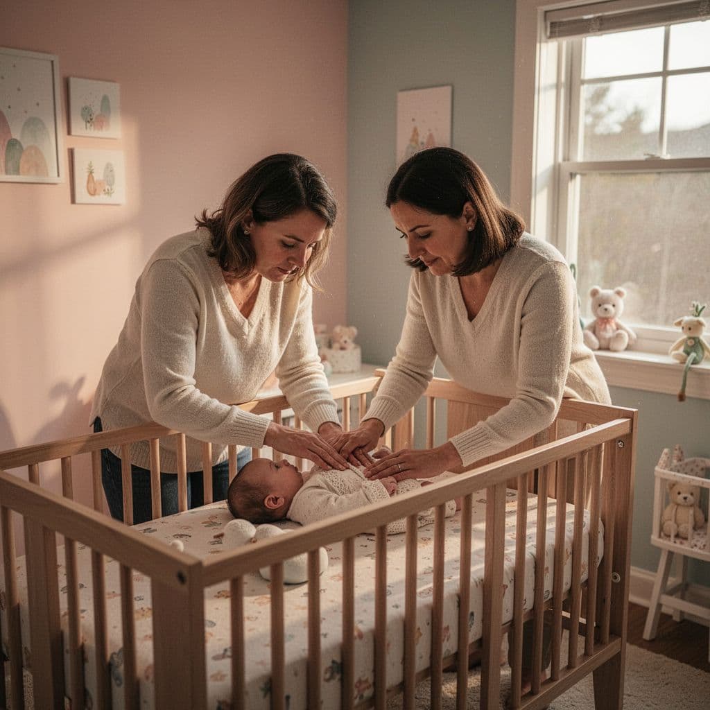 A parent gently pats their baby to sleep inside a warmly lit nursery crib.