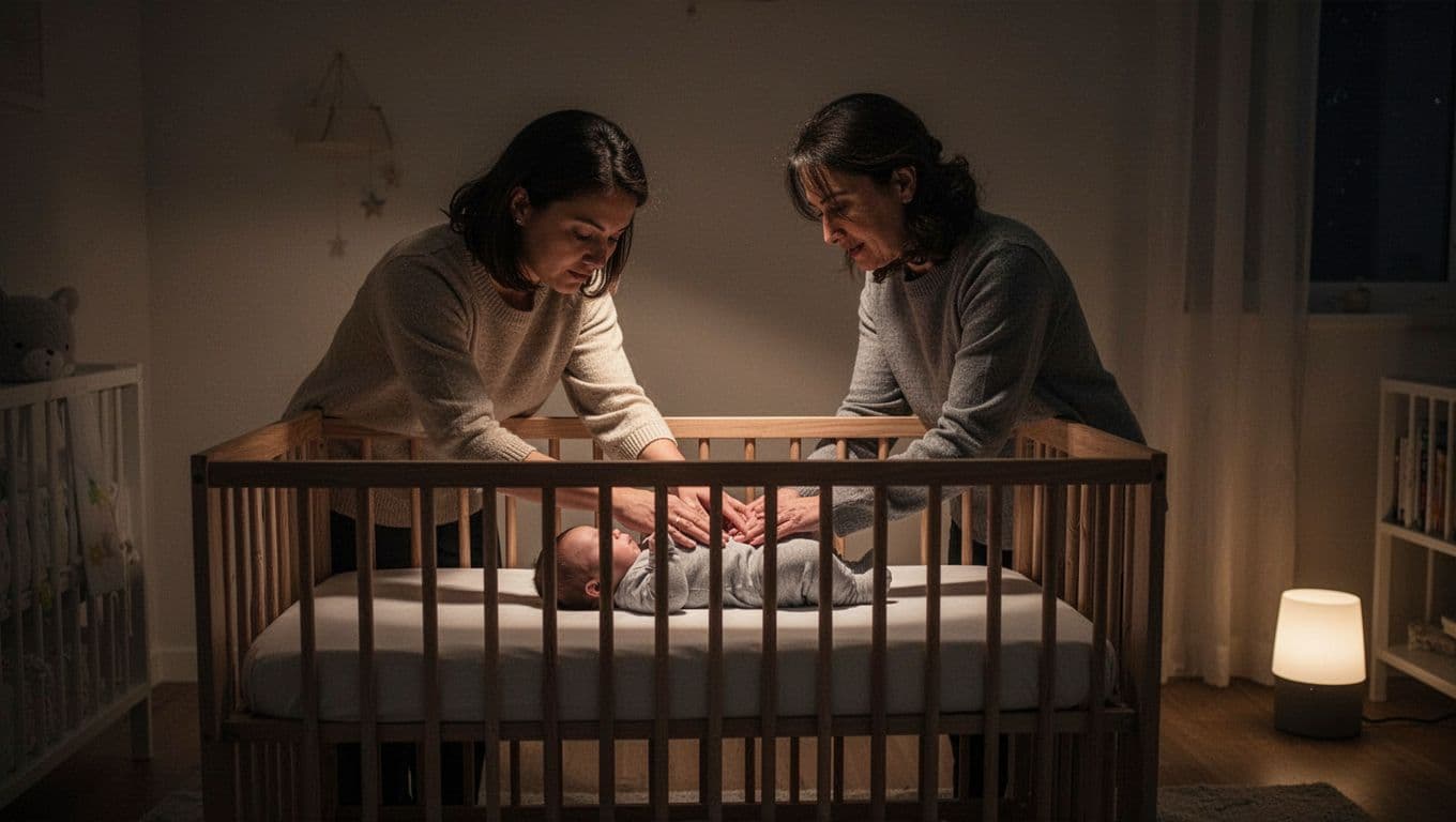 A silhouette of a parent gently touches a sleeping baby inside a wooden crib. Warm ambient light casts soft shadows across the minimalist room, creating a calm and peaceful nighttime atmosphere.