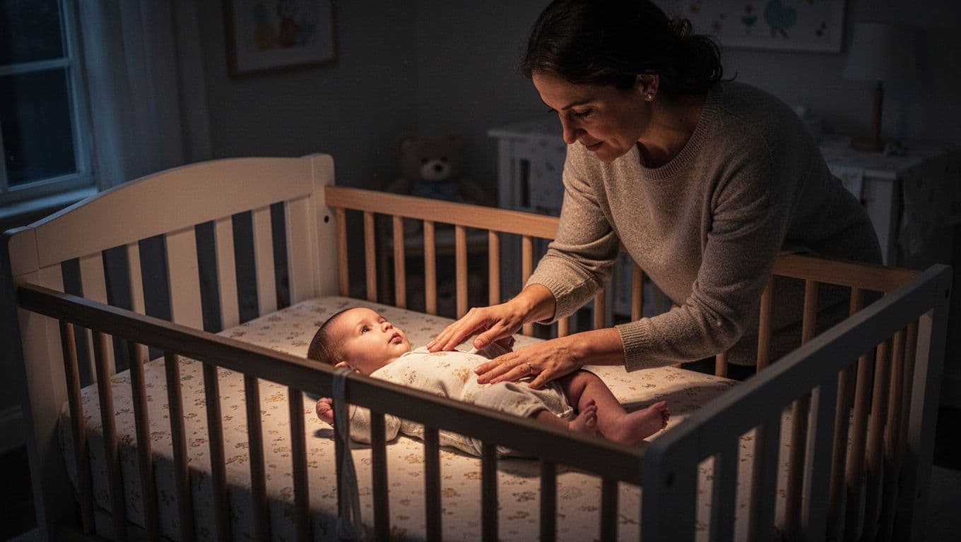 A parent softly pats a baby resting in a wooden crib inside a dimly lit nursery. Warm ambient light highlights the gentle interaction, contrasting against deep shadows for a peaceful atmosphere.