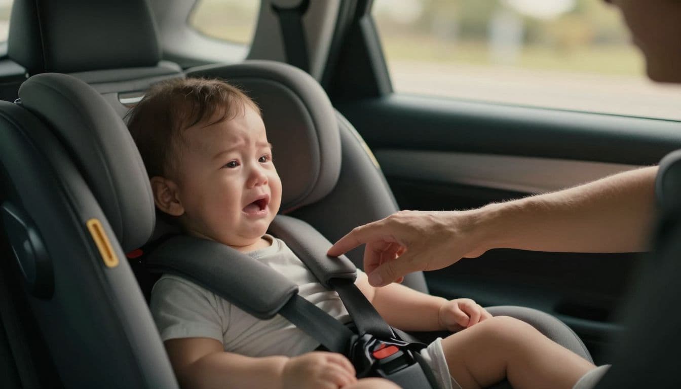 A focused parent reaches a hand from the front seat to touch their infant resting in a rear-facing car seat. Golden light highlights the intimate bond during a quiet commute.
