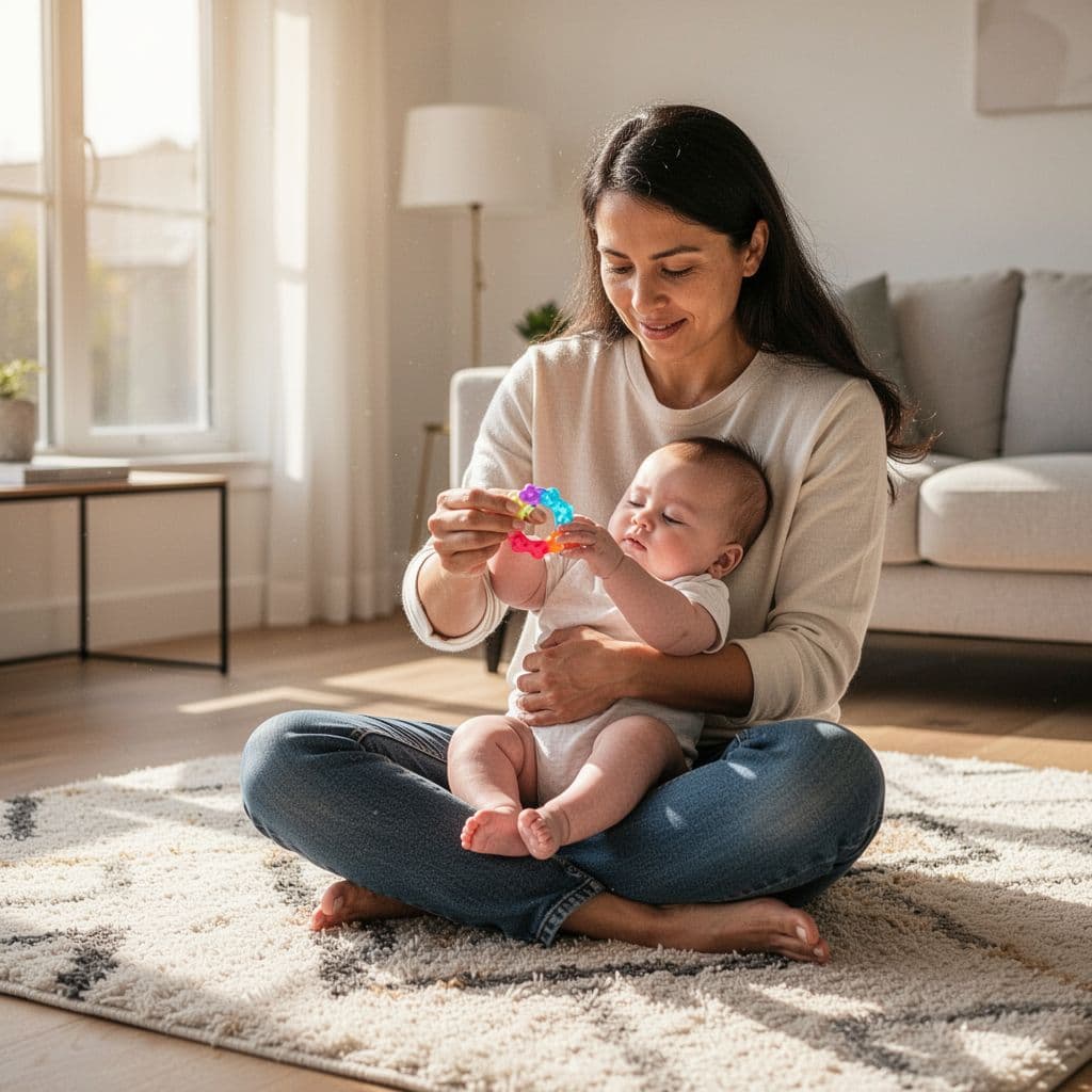 A parent sits on a rug in a sunlit room, offering a silicone teething ring to a baby.
