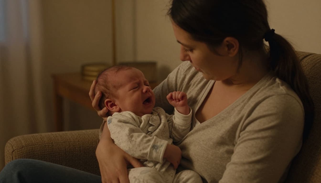 Parent calmly holds and rocks pained newborn in dimly lit evening living room.