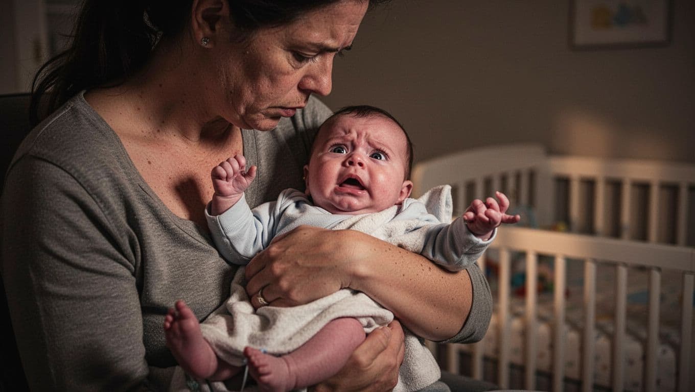 A weary parent gently holds a wide-awake, restless baby in a dimly lit nursery.