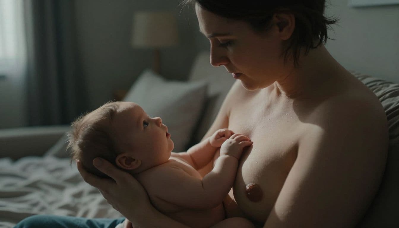 A parent cradles a newborn infant skin-to-skin against their chest in a dimly lit nursery. The soft light emphasizes the parent's gentle expression and the peaceful bond during their recovery moment.