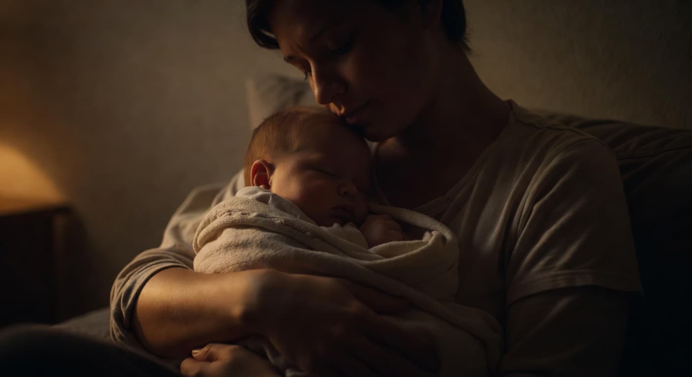 A parent tenderly cradles their newborn in a softly shadowed bedroom. The warm glow highlights the baby's peaceful expression and the protective embrace of the adult creating a quiet sanctuary.