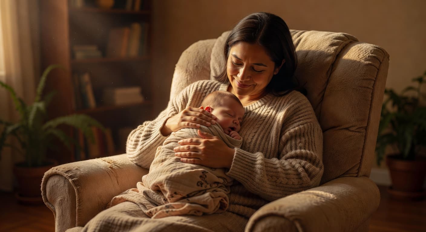 A parent sits in a soft, plush chair, gently rocking their newborn infant in a dimly lit, warm-toned room. The focus emphasizes their supportive physical connection and calm, rhythmic comforting motions.