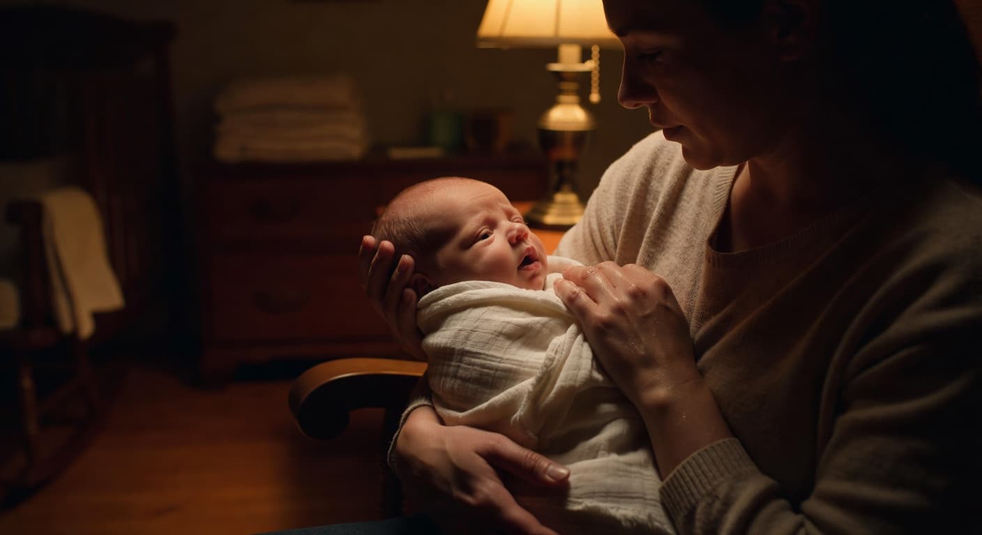 A parent gently cradles a small newborn inside a softly illuminated nursery, providing comfort during a quiet feeding time. Golden light highlights the delicate features of the baby against warm shadows.