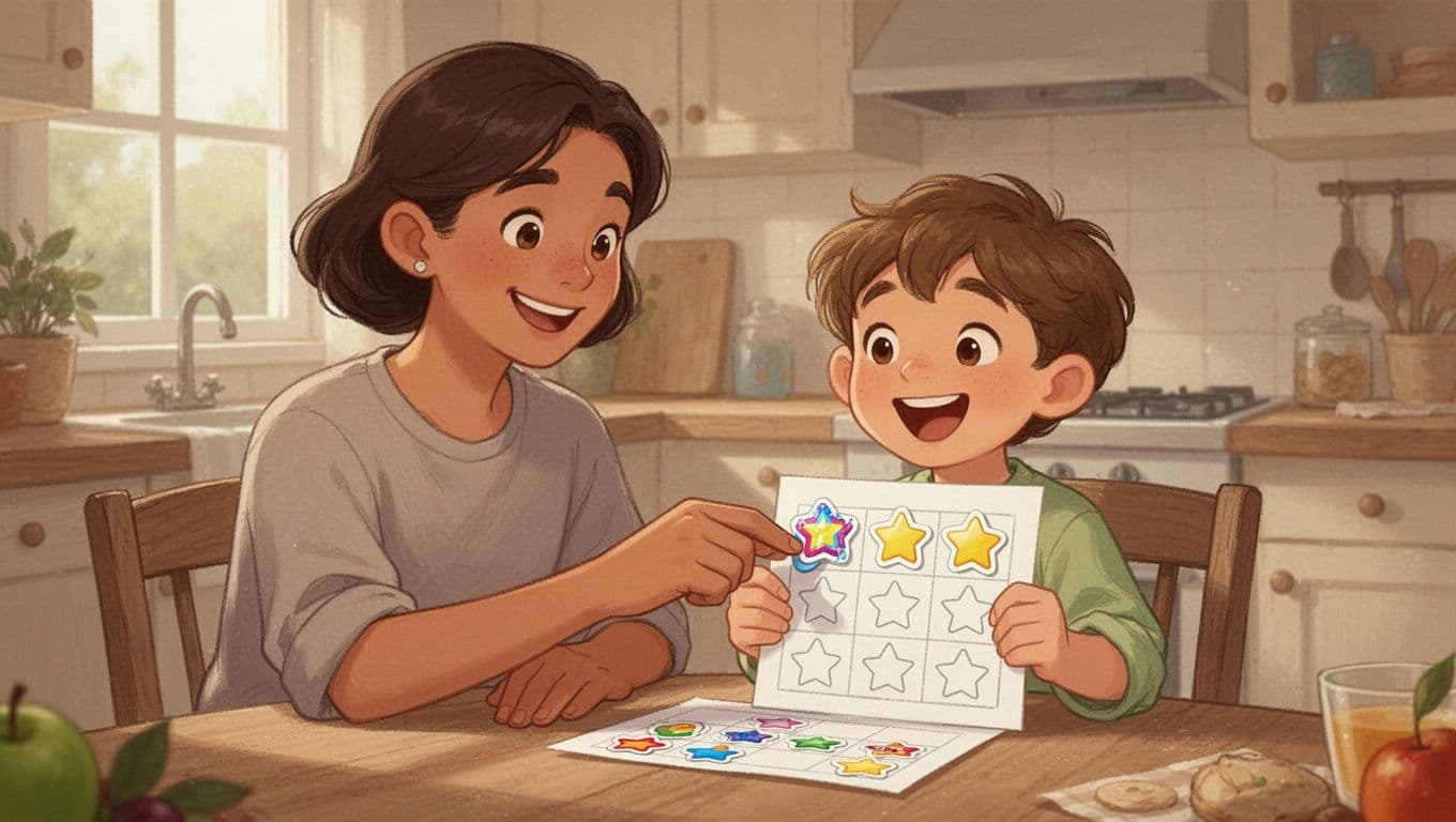 Parent sits at kitchen table placing colorful sticker on reward chart held by 5-year-old child.