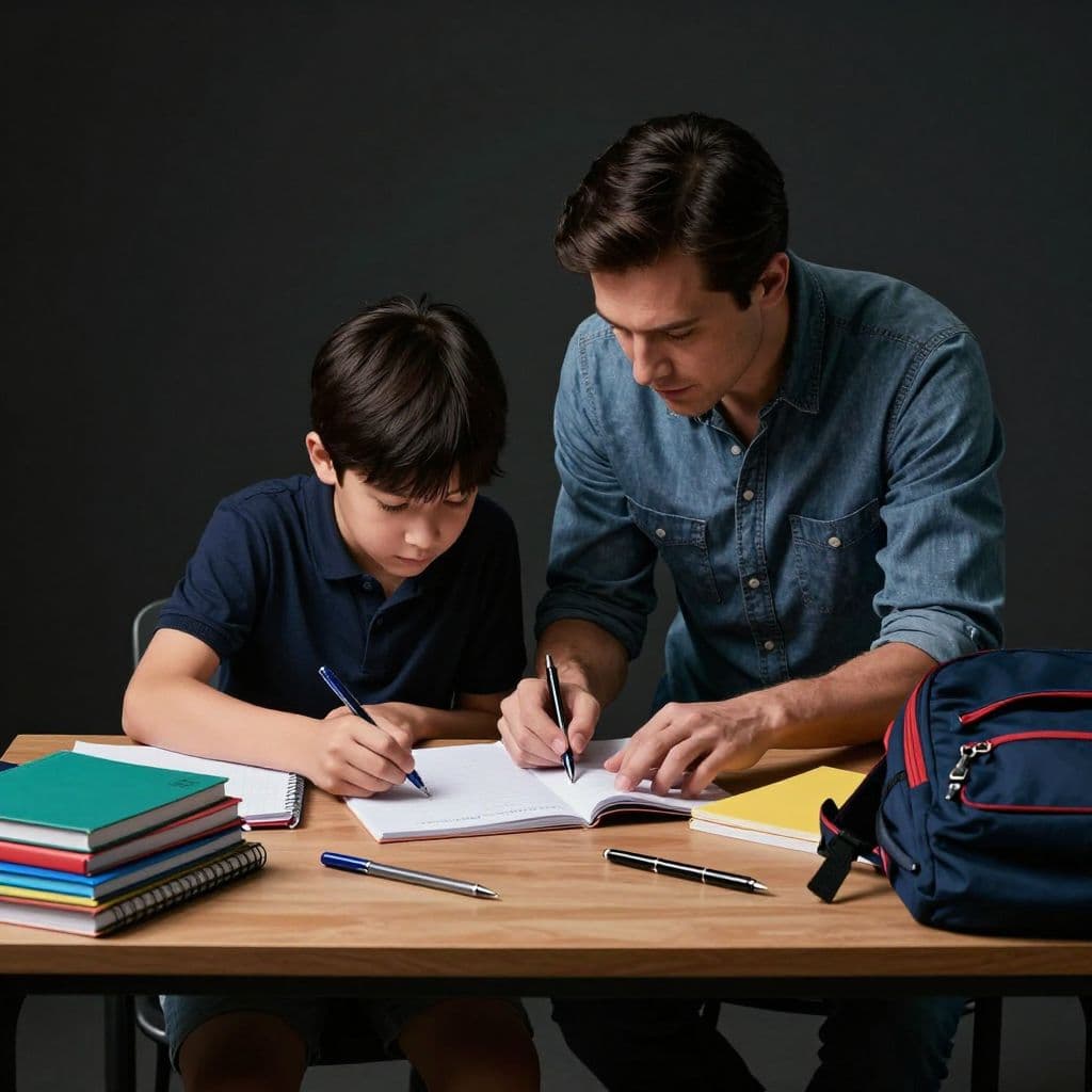 A parent and student collaborate at a cluttered desk filled with colorful notebooks, pens, and a backpack. Dramatic lighting highlights their focused expressions as they sort through various academic supplies together.
