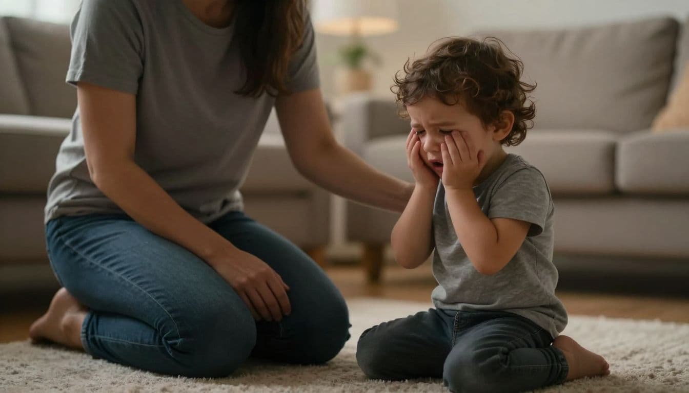 A parent kneels on a living room carpet, gently leaning toward a crying toddler to offer comfort. Soft, warm sunlight highlights their supportive interaction and calm, steady emotional connection.