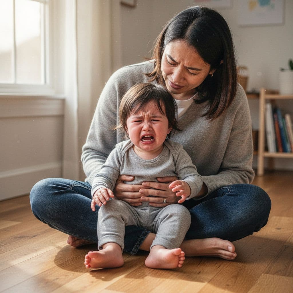 A calm parent sits on the floor at eye level with their toddler.