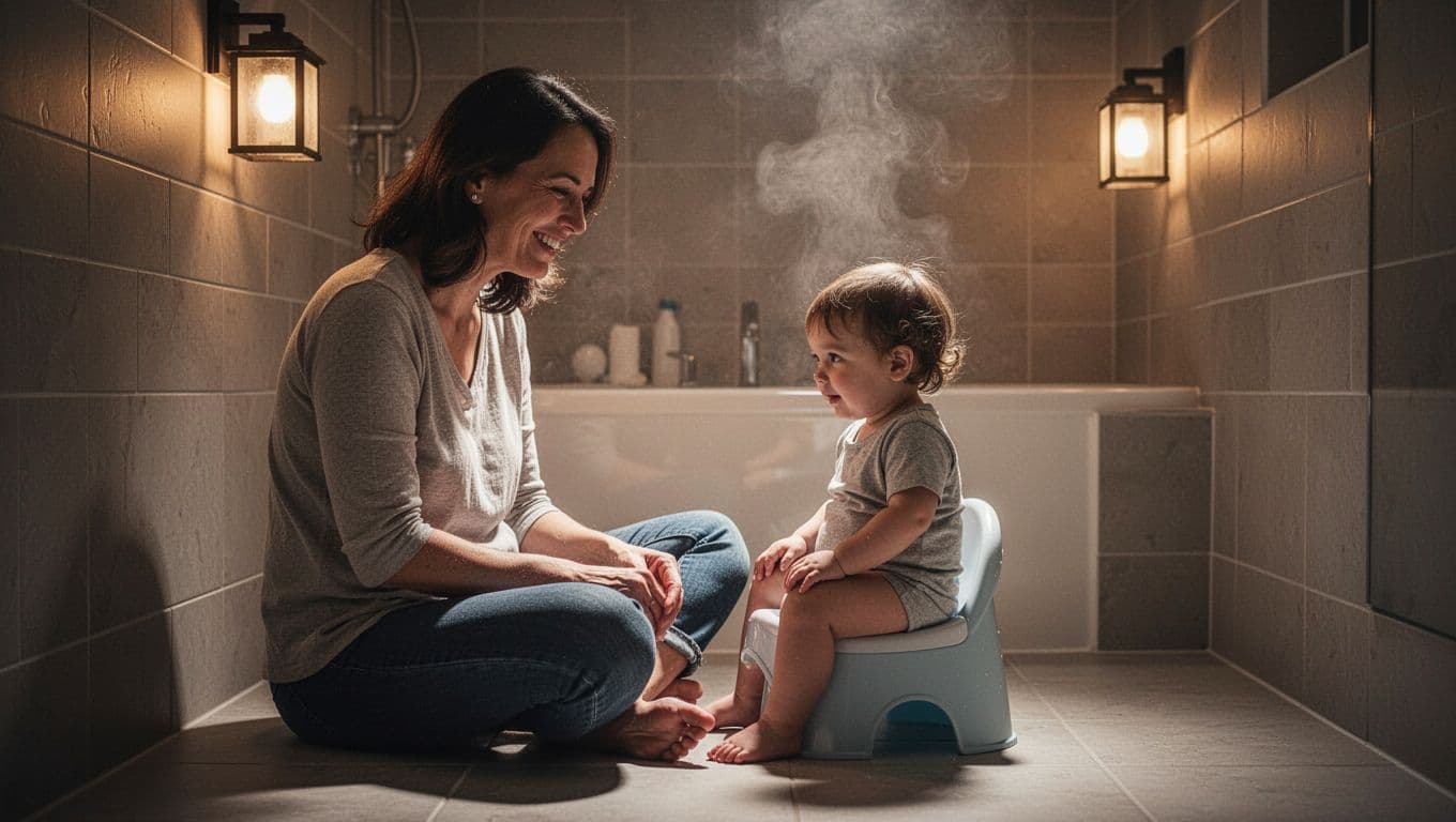 A parent kneels on the tiled bathroom floor, smiling softly at a small child seated on a training potty. The warm, low light creates an intimate environment for supportive learning.