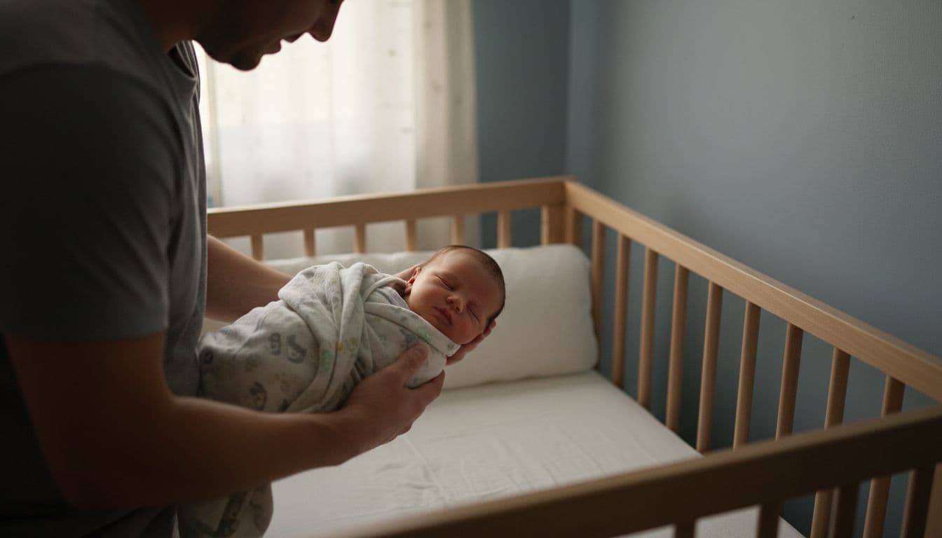 A parent gently swaddles a newborn baby before placing them in a crib during a simple bedtime routine in a dimly lit nursery with soft lighting.