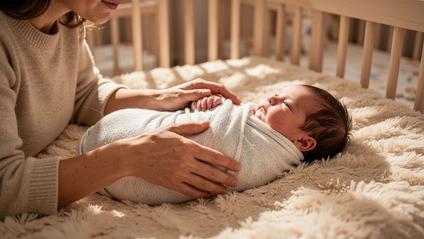 Side view of parent snugly swaddling newborn with arms at sides on soft nursery surface.
