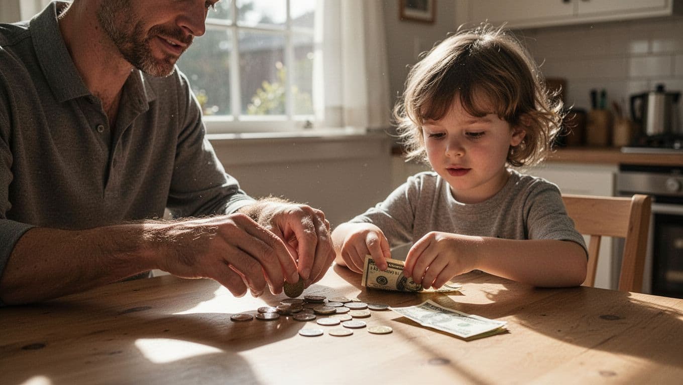 An adult and a young child sit together at a wooden kitchen table reviewing various coins and paper bills. Warm natural window light illuminates their focused expressions during this money lesson.