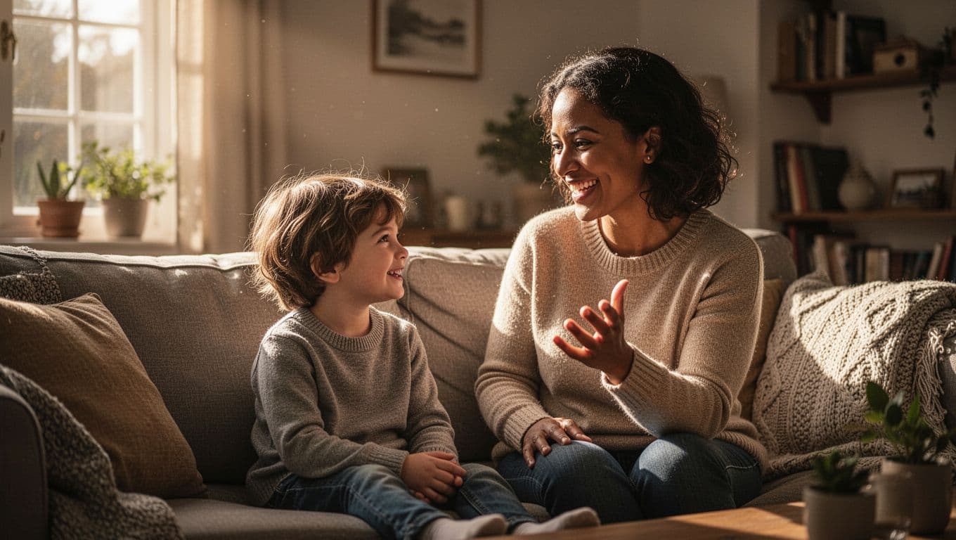 An adult sits comfortably on a soft sofa with a young child in a sun-drenched living room. The parent gestures with a hand to emphasize a comedic pause in their conversation.