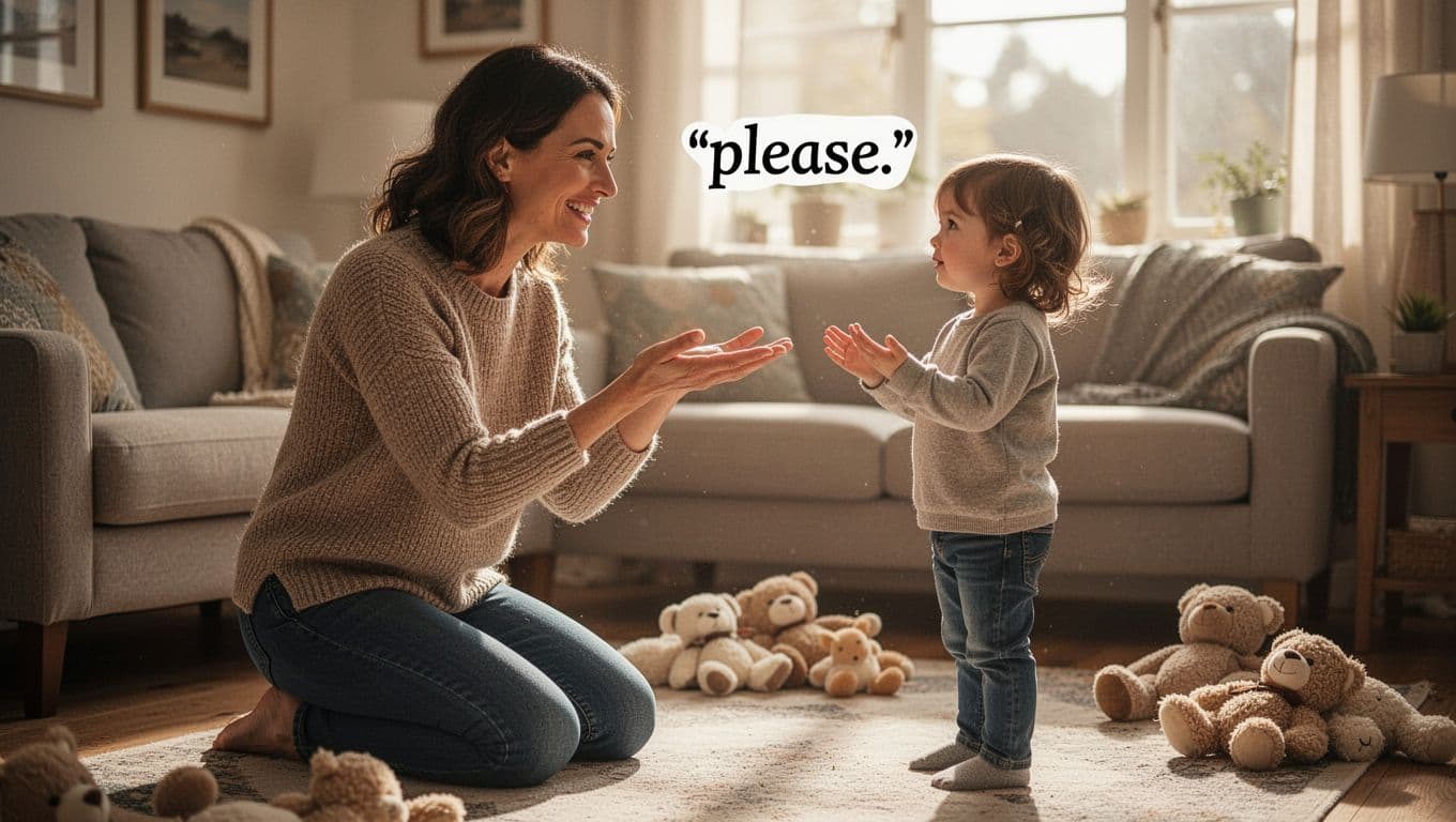 Parent kneels at child's eye level in living room, extending palm up with smile to show polite asking; child watches and imitates.