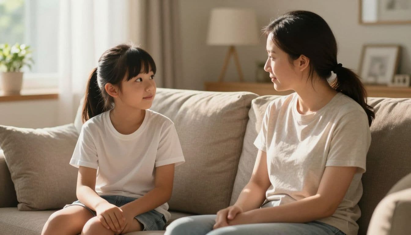 A parent sits on a plush living room couch next to a teenager, gesturing gently during a calm conversation. Sunlight streams across the room, creating a warm, inviting environment for connection.