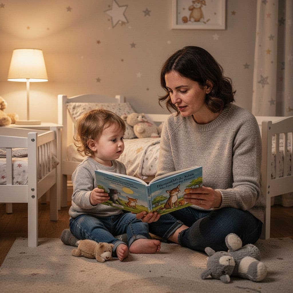 Parent sits on floor next to toddler in small bed, reading book under warm lamplight.