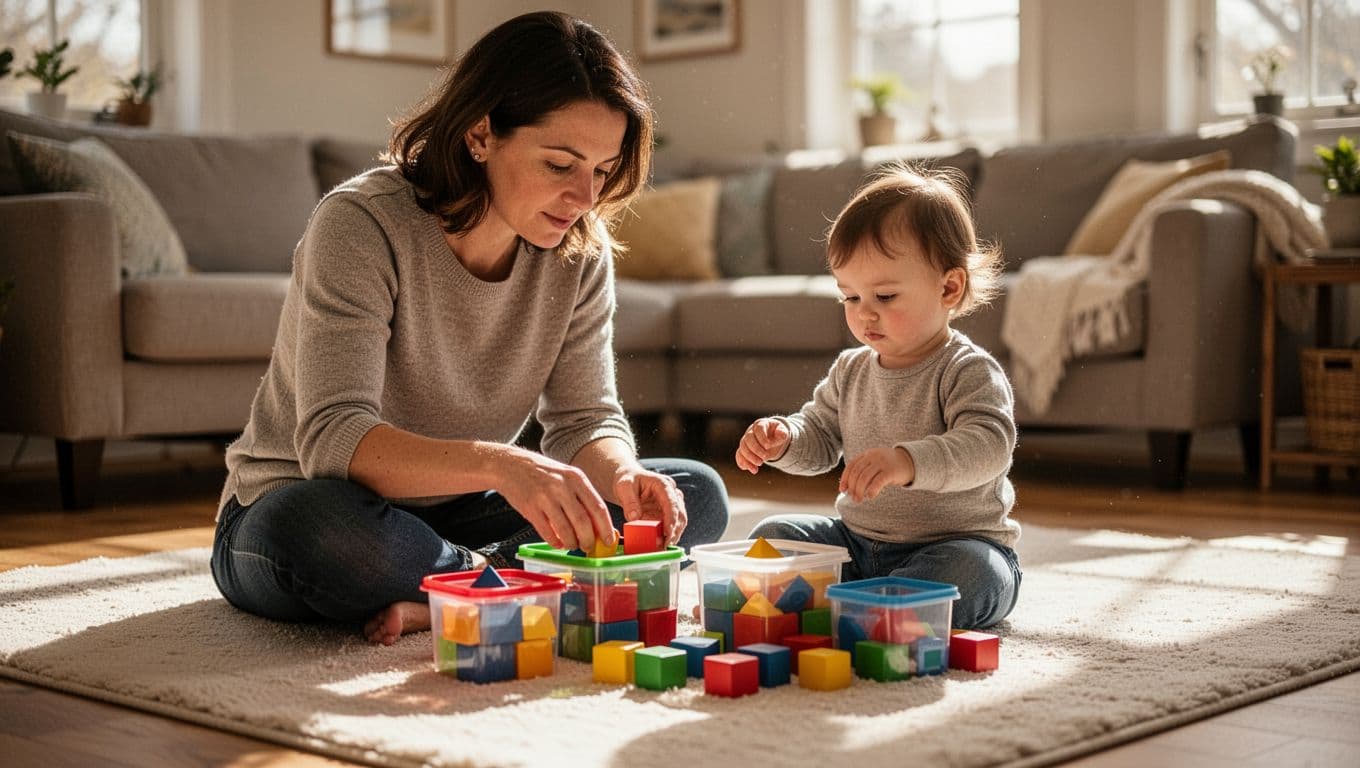 A parent sits on a plush rug alongside a young toddler, carefully placing colorful wooden blocks into designated containers. Warm sunlight streams into the cozy living room, illuminating their focused interaction.