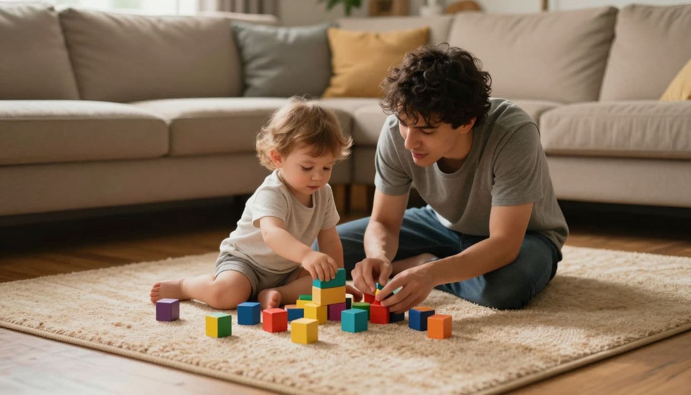 A young parent sits on a textured rug, engaging with a toddler as they stack vibrant wooden blocks together. The warm afternoon light illuminates their faces, highlighting a screen-free moment.