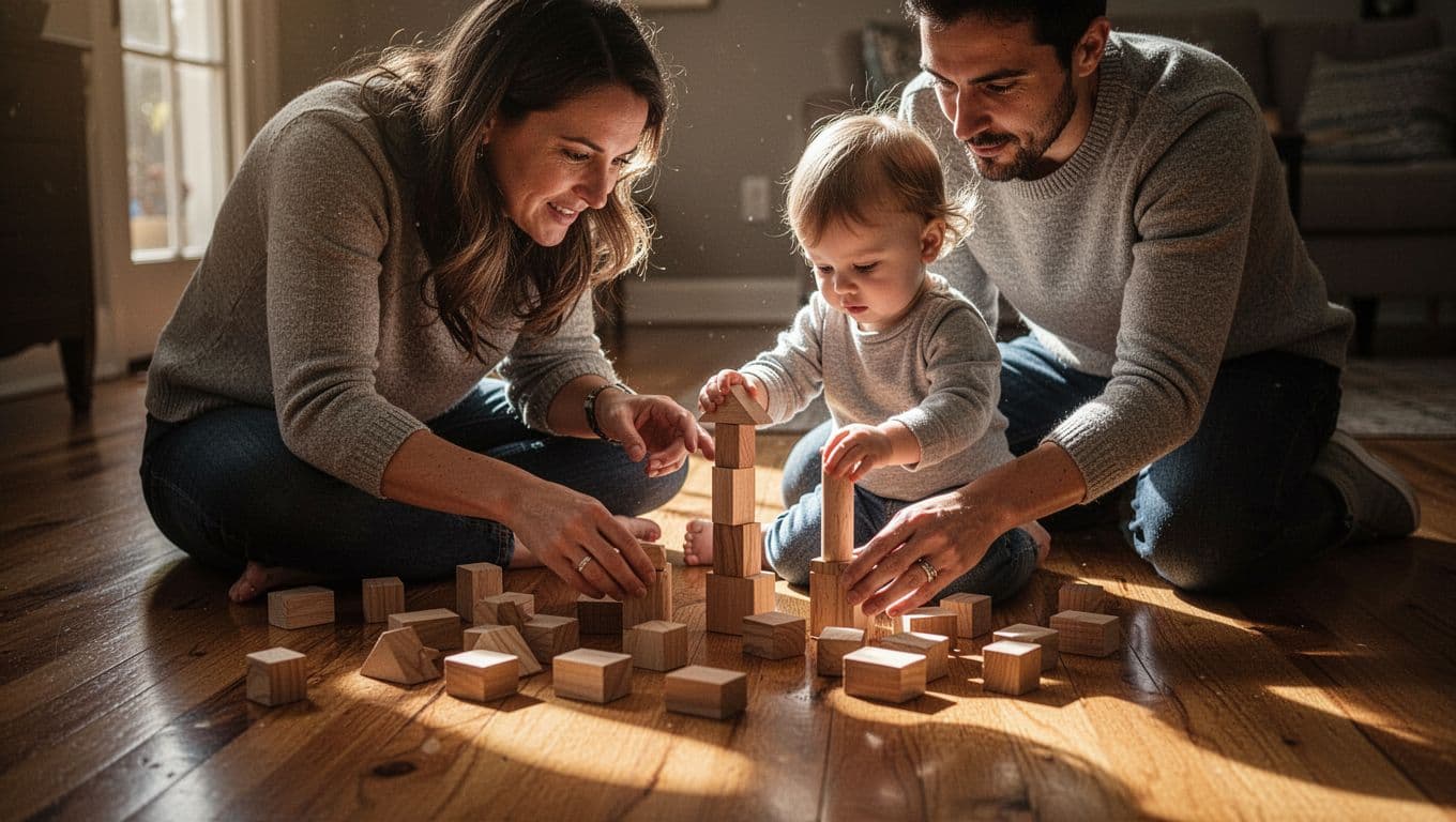 An adult sits on a polished hardwood floor helping a young child stack smooth wooden blocks. Warm afternoon light creates long shadows and highlights the focus on their playful interaction.