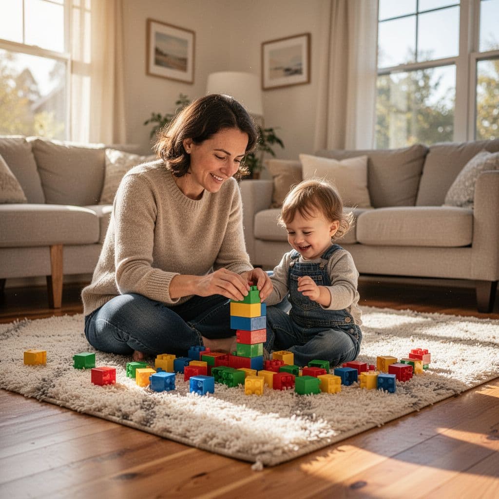 Parent and toddler sit smiling on a rug in sunny living room, stacking blocks.