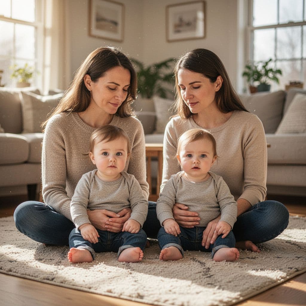 Parent and young toddler sit side-by-side on a soft rug in sunlit living room.