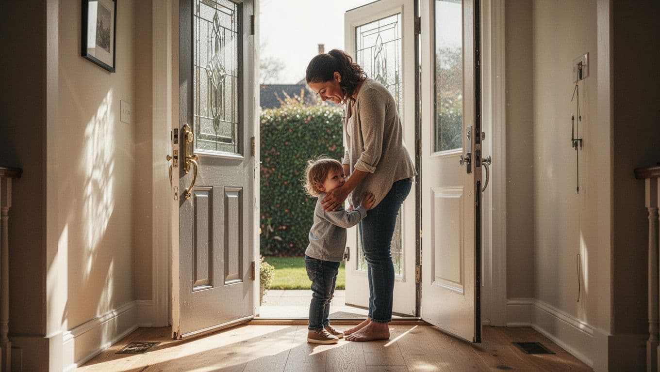 A parent leans down to embrace a young toddler in a bright, sun-drenched daycare entryway. Intense natural light floods through the open doorway, casting a gentle cinematic glow on them.