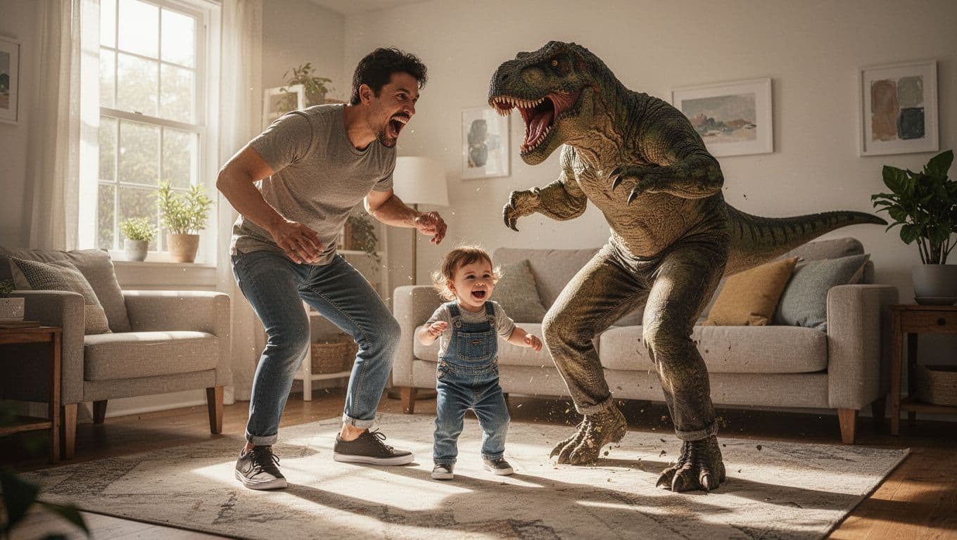 A parent stomps across a sunlit living room rug, playfully roaring at a giggling toddler. The child mimics the dinosaur movements with arms raised while bright natural light warms the home.