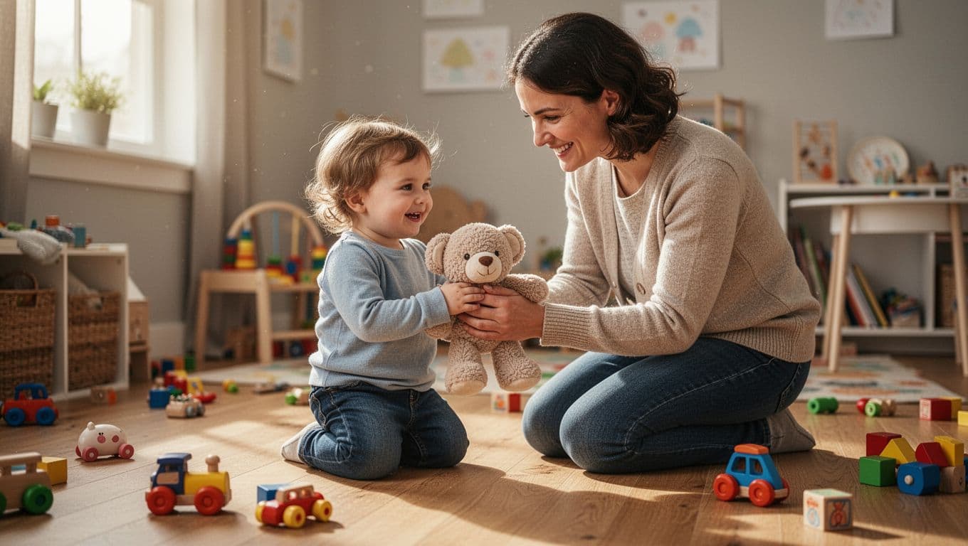 Parent kneels at eye level with smiling toddler in playroom, gently holding soft toy together on wooden floor with scattered toys.