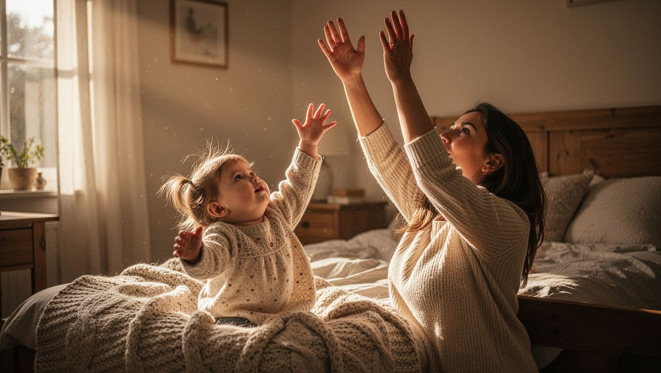 A toddler and parent stand in a sunlit bedroom reaching their arms toward the ceiling. Soft warm light glows through the curtains, illuminating their joyful faces during a quiet morning ritual.
