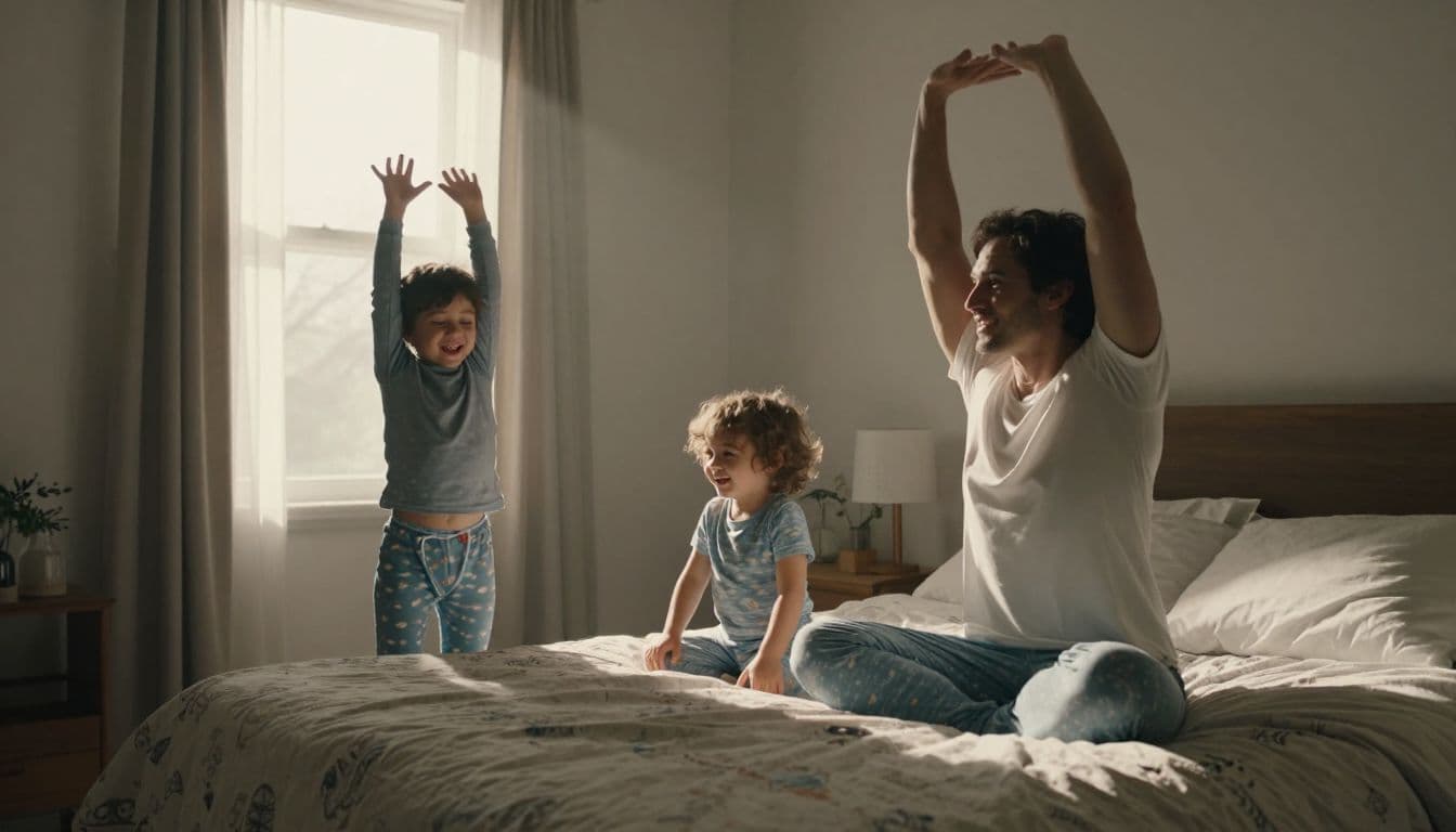 A parent and small child in soft pajamas reach their arms toward the ceiling inside a sun-drenched bedroom. The warm morning glow highlights their joyful expressions and playful poses on the rug.