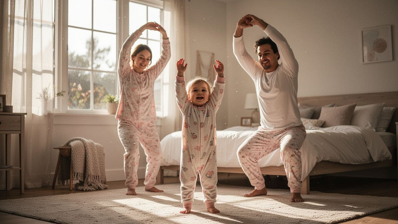 A parent and young toddler wearing soft pajamas perform gentle morning stretches in a room filled with warm sunlight. They reach their arms upward together near a bright window.