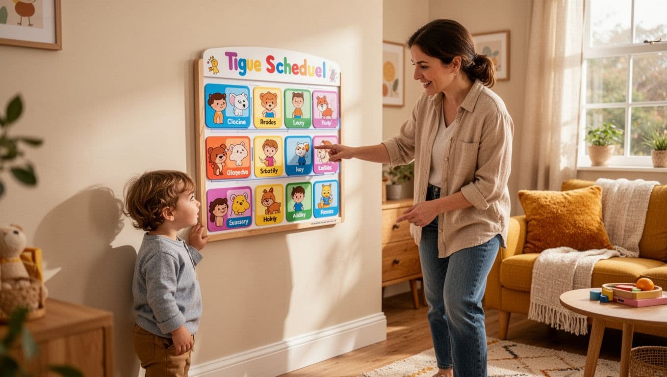 A toddler stands by a wall-mounted colorful visual routine chart as a parent points to the next activity in a bright cozy home.